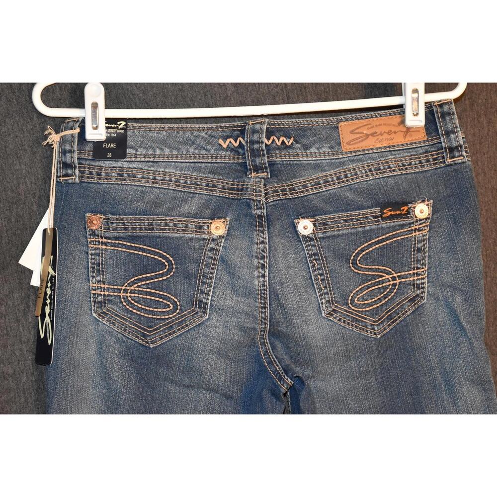 NEW Seven7 Women's 28 Denim Jeans Flare NWT Swoosh Embroidered Distressed